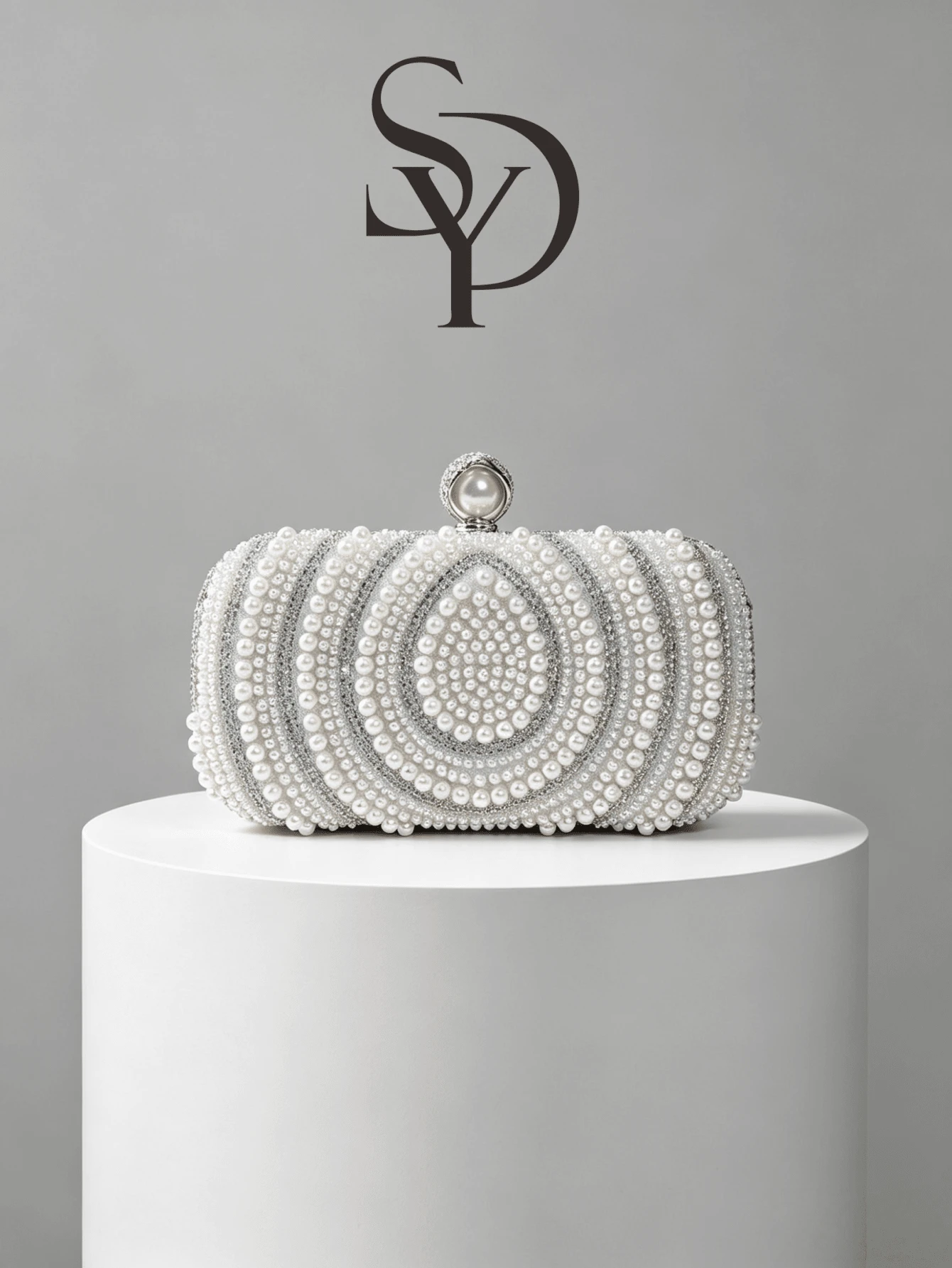 Elegant Pearl & Rhinestone Spiral Pattern Evening Clutch, Pearl Clasp Handbag - Silver - View 1