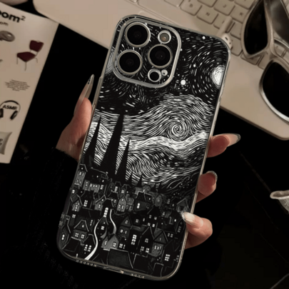 1pc Starry Night Town Pattern With Fine Hole Design Camera Protection Anti-Fall Thickened Black Phone Case Compatible With Apple 11 Pro Max/12 Pro Max/13 Pro Max/14 Pro Max/15 Pro Max/16 Plus/16 Pro Max, 16E, Galaxy A55/Galaxy A15/Galaxy S24 Ultra/S25 Ultra