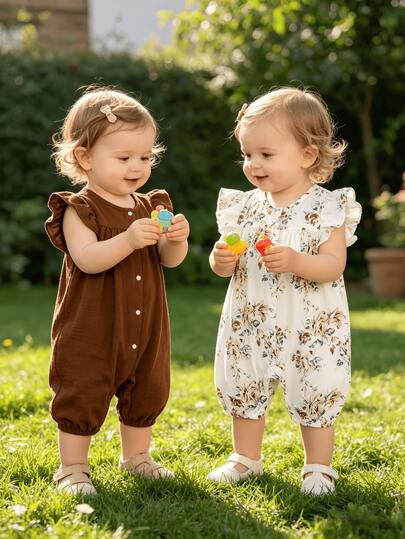 Bộ 2 áo liền quần cho bé gái màu trơn, họa tiết hoa cổ điển, tay bồng, thiết kế cài nút dễ mặc, thoải mái và tối giản, thích hợp cho mùa hè.