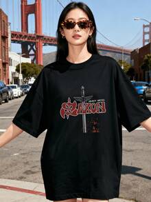 Camiseta oversized para mujer disponible en cinco tallas, para las cuatro estaciones.Camiseta casual de cuello redondo con un estampado genial de oso, con ligera elasticidad y corte regular, perfecta para el uso diario. - Negro - Ver 1