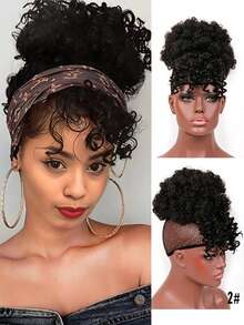 Peluca de fibra sintética, moño africano, rizos sueltos, coleta con flequillo con cordón, extensiones de cabello con clip, adecuado para uso diario y fiestas de mujeres, festivales, fiestas - Multicolor - Ver 12