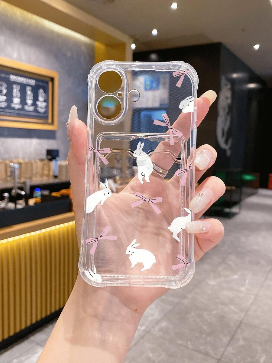1pc Transparent TPU Hand-Painted Minimalist White Rabbit & Bow Design Shockproof Full Coverage Phone Case, Fashionable, Versatile, Creative, - Multicolor - View 1