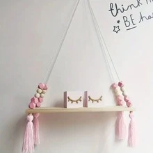 1/2 Pcs Bohemian Pink Tassel Beaded Hanging Shelf, Decorative Wooden Wall Mounted Floating Shelf For Bedroom, Living Room - Cute Bohemian Storage Shelf For Small Plants, Toys And Trinkets, Woven Wall Hanging Shelf - Bohemian Wooden Wall Hanging Shelf With Wooden Beads, Farmhouse Style Floating Shelf, Rustic Hanging Plant Shelf For Bedroom, Living Room, College Room Decor - Pink - View 11
