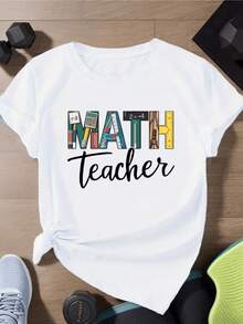 Colorful Words Forming The Idea Of Teaching Math With Pencils, Rulers, Calculators, And Symbols Create A Cheerful And Educational Image On A Comfortable, Casual Women's T-Shirt, Ideal For A Modern Teacher. - 白色 - 查看 8