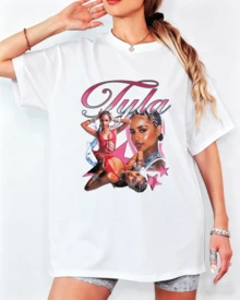 Tyla Pink Star Multi-Portrait Art Print T-Shirt, Unisex Loose Fit Short Sleeve Tee - White - View 7