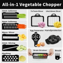 Picador de verduras multifuncional 14 en 1 con recipiente, cuchillas intercambiables, rebanador de verduras, rebanador de cebolla, triturador de ajo, rebanador de patatas, picador de zanahorias - Multicolor - Ver 8
