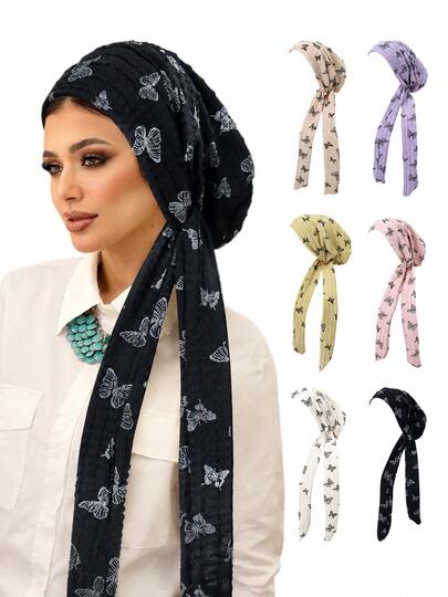 Butterfly Print Pre-Tied Hijab Turban, Beige Crinkle Fabric Instant Head Wrap Scarf, Lightweight Modest Headwear For Women Muslim