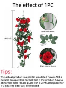 Nejlue Artificial Flowers/Plants1111 Home & Living 1/2支人造红色玫瑰藤蔓花，春季玫瑰装饰，悬挂式花卉，适用于家居装饰、房间装饰、墙面装饰、婚礼拱门、卧室、桌面、生日派对、花园、室内外、春夏季 - 紅色 - 查看 9