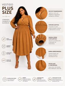 Women's Long Sleeve V-Neck Wrap Dress, Casual Midi Style With Discreet Slit, Plus Size, Comfortable - 駝色 - 查看 2