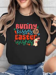 Conejo alegre sosteniendo una flor junto a frases coloridas que transmiten cariño y buenos deseos para celebrar la Pascua en una camiseta de mujer casual cómoda y moderna perfecta para días festivos - Negro - Ver 8