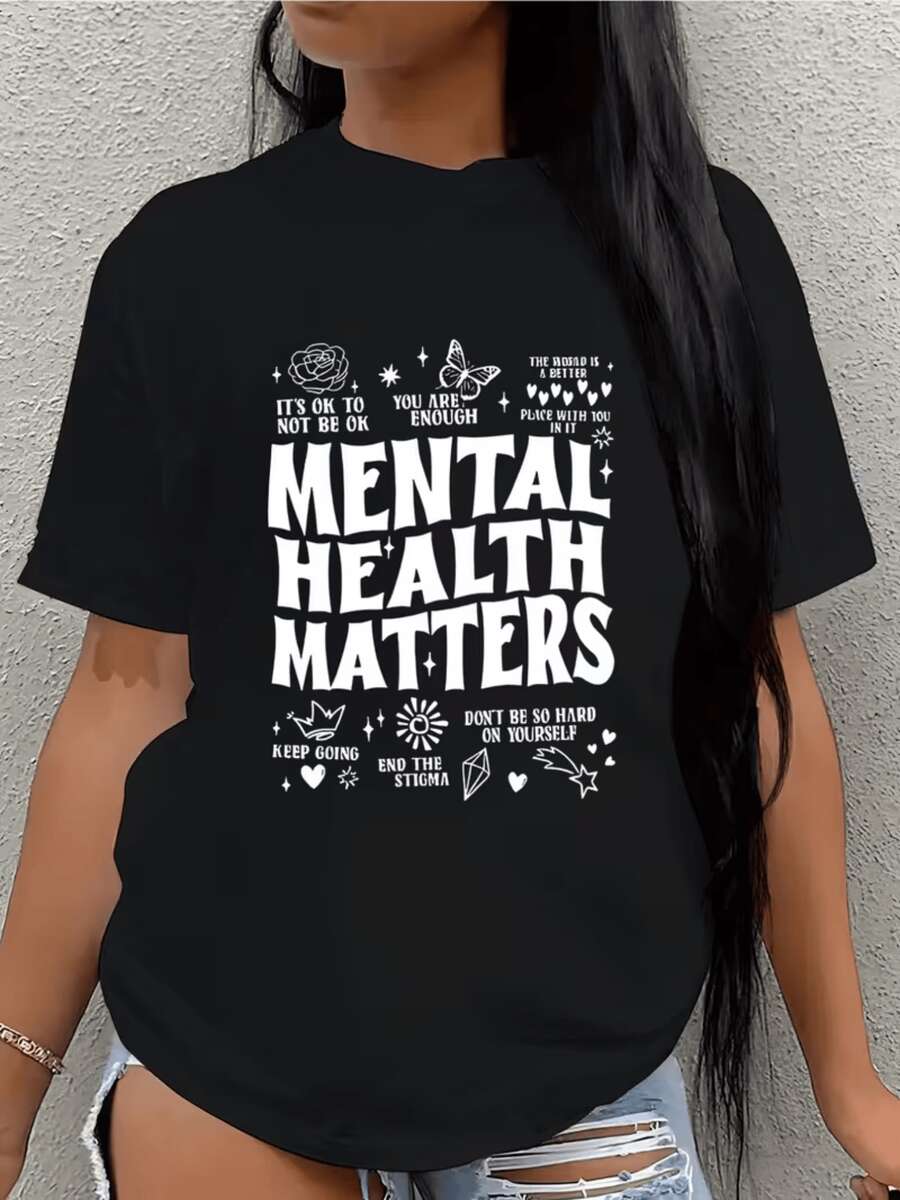 Frases motivacionales con mariposa flor corazones y símbolos que inspiran amor propio salud mental y fortaleza interior camiseta de mujer casual cómoda moderna para uso diario - Negro - Ver 1