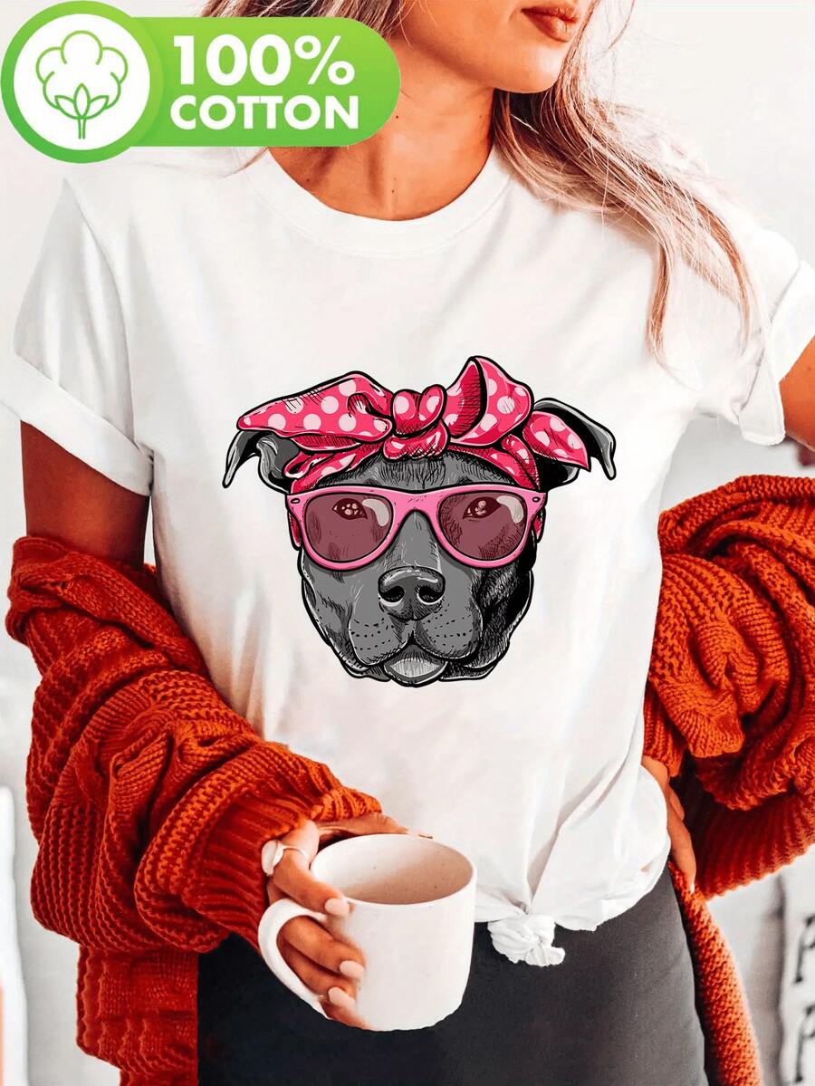 Fun T-Shirt With PITTIE MOM Print, Short Sleeve, Round Neck, Casual Top For Summer And Spring, Women's Clothing, Comfortable Cotton T-Shirt. - 白色 - 查看 1