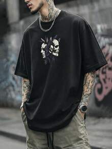 男士宽松街头风T恤，轻盈涤纶材质，暗黑哥特恐怖朋克图案，都市街头风前卫短袖上衣 - 彩色 - 查看 3