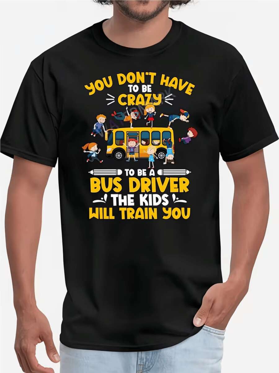 Divertida escena que muestra un autobús escolar rodeado de niños felices jugando y un mensaje humorístico sobre la paciencia y la alegría de conducir cada día camiseta de mujer casual cómoda perfecta para maestras o conductoras - Negro - Ver 1