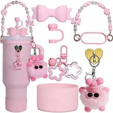 7-Piece Tumbler Accessory Set, Suitable For 30oz/40oz Cups, Includes 10mm Straw Lid, Bow Decor, Pearl Handle Chain, Heart Charm, Plush Ball, Star Pendant, Silicone Sleeve, Cute Student Style Decorations, Suitable For Women, Fashion Accessories, Gifts, Souvenirs, Valentine's Day, Back To School, Graduation, Outdoor Activities Like Camping - Multicolor - View 9