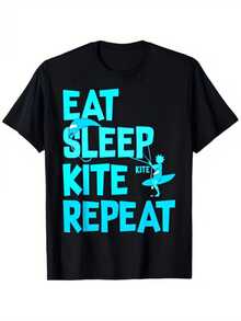 Texto en letras grandes azules que inspira una rutina divertida donde comer dormir practicar kitesurf y repetir representan un estilo de vida activo relajado y apasionado por el mar camiseta de mujer casual cómoda para amantes del deporte acuático - Negro - Ver 8