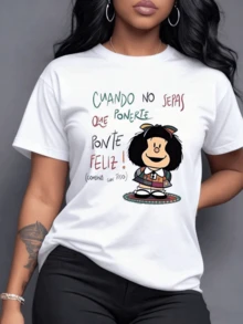 Frase divertida que inspira felicidad con personaje simpático de cabello rizado y mensaje motivador para mejorar el ánimo camiseta de mujer casual moderna cómoda para uso diario - Blanco - Ver 1