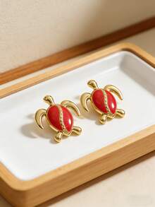 Elegant Enamel Sea Turtle Earrings, Bohemian Beach Ocean Stud Earrings, Delicate And Fashionable Sea Turtle Earrings, Women's Animal Jewelry, Suitable For Beach Parties And Balls As Accessories - H2-01 Red - View 6