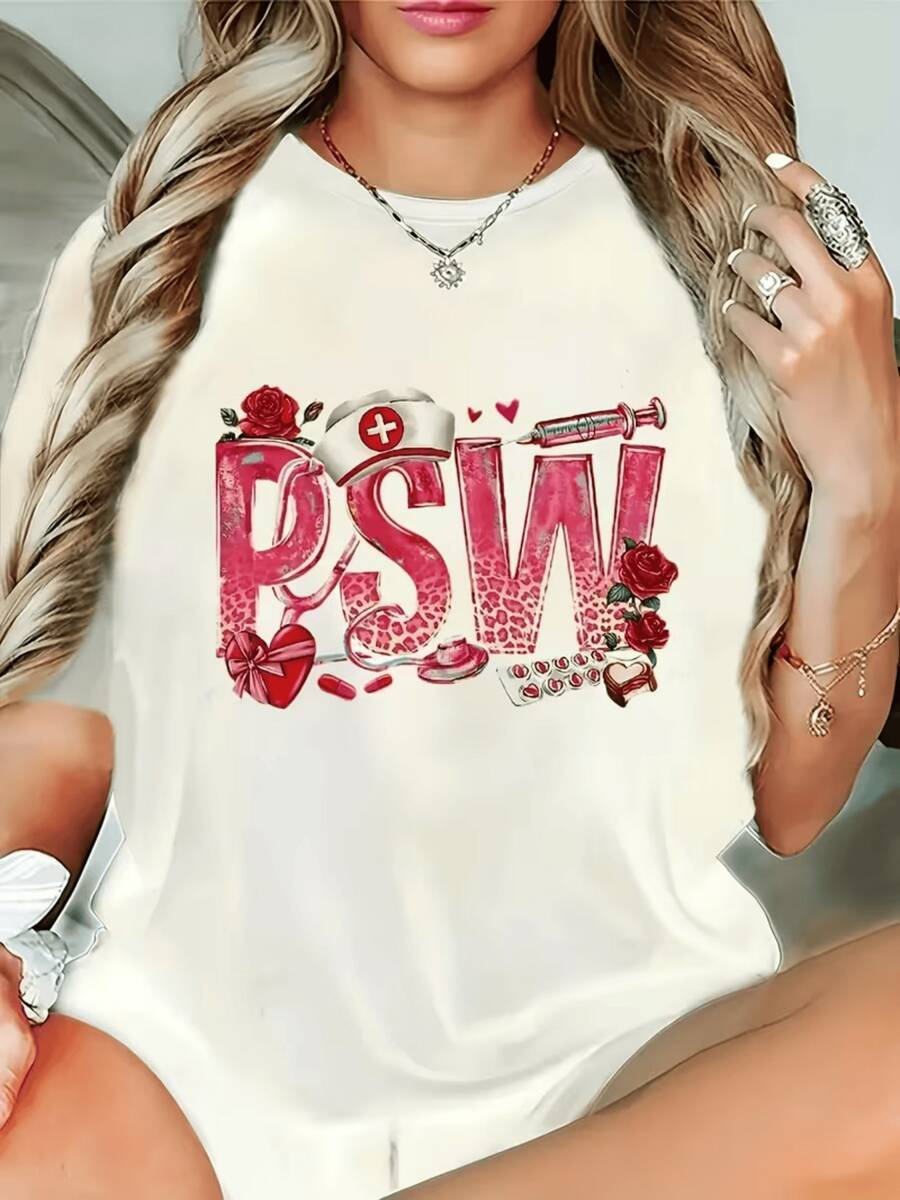 Rosas rojas junto a una jeringa y un sombrero de enfermera simbolizan cuidado dedicación y fortaleza femenina en cada detalle de las letras PSW con corazones que expresan amor por la salud camiseta de mujer casual elegante cómoda - Blanco - Ver 1