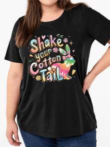 Colorful Rabbit With A Shiny Texture Surrounded By Hearts And Flowers Conveys Joy, Freedom, And Positive Energy. Perfect For Casual Days. A Modern And Comfortable Women's T-Shirt For Any Occasion. - 黑色 - 查看 1