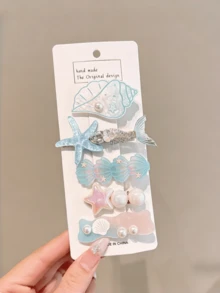 5pcs/Set Juego de pinzas para el cabello con tema oceánico, pinzas para el cabello de mujer con concha azul, estrella de mar, cola de sirena, accesorios para el cabello decorados con perlas lindos adecuados para vacaciones en la playa, pasadores para el cabello - Multicolor - Ver 4