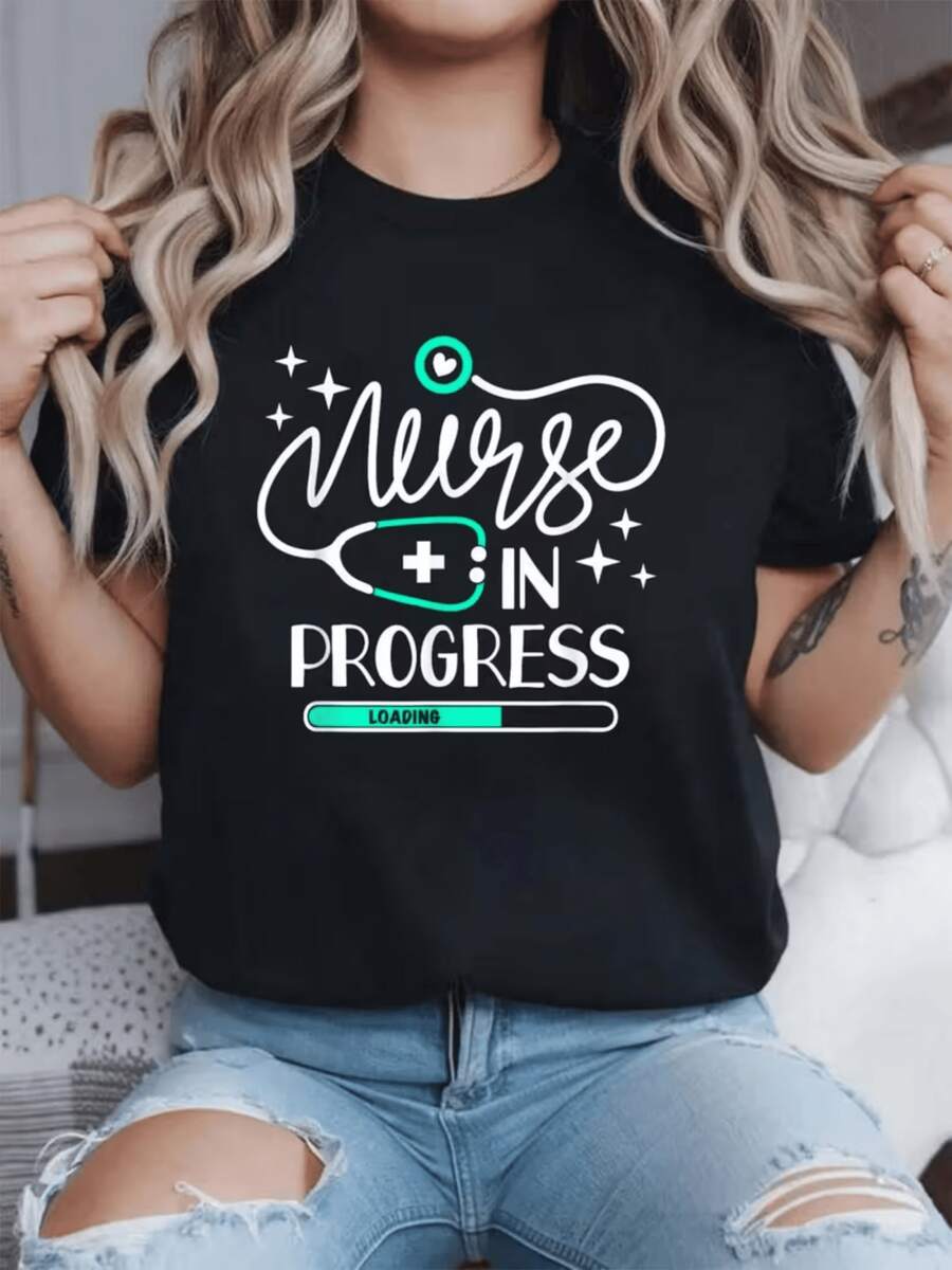 Graphic Depicting The Dedication And Professional Growth Of A Nurse With A Stethoscope, Heart, And Load Bar Symbolizing Effort And Hope. Comfortable And Modern Casual Women's T-Shirt - 黑色 - 查看 1