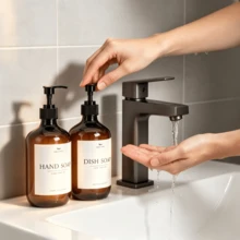 XEXUN 两件套 - 500ml 可重复灌装皂液器套装，PET材质洗手液/洗洁精瓶，带漏斗和防水标签，可选配竹制托盘套装，台面按压式液体皂液器，适用于厨房和浴室盥洗台，透明/棕色补充装瓶，易于灌装，浴室配件 - 多色 - 查看 8