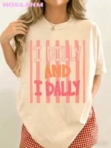 Women's "I Dilly And I Dally" Pink Stripe Graphic T-Shirt | Spring Tops, Oversized Short Sleeve Tee,  Clothes Women, Summer Clothes Women - Màu be - Xem 1