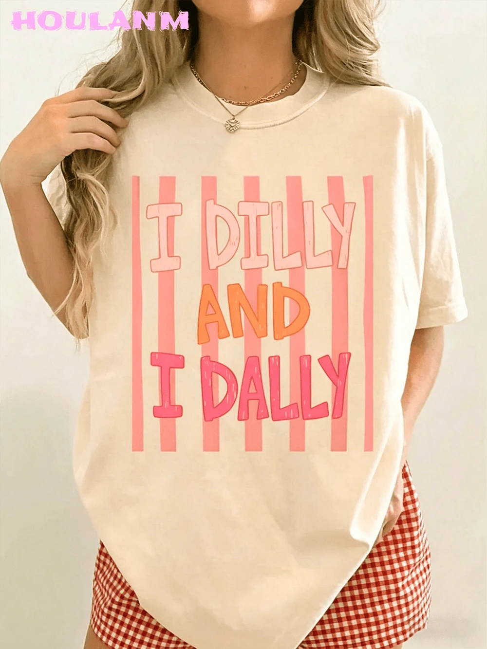 Women's "I Dilly And I Dally" Pink Stripe Graphic T-Shirt | Spring Tops, Oversized Short Sleeve Tee,  Clothes Women, Summer Clothes Women - Màu be - Xem 1