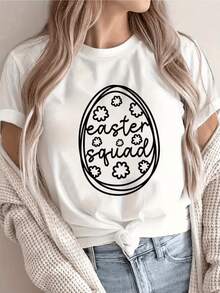 Huevo decorado con flores simboliza la unión y la alegría durante la celebración de Pascua inspirando energía positiva y espíritu festivo camiseta de mujer casual moderna cómoda para diario - Blanco - Ver 1