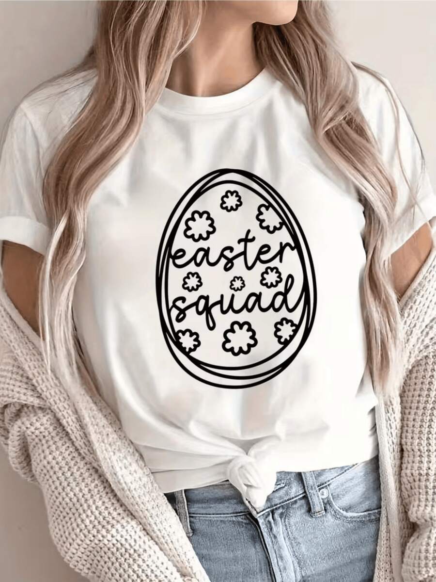 Huevo decorado con flores simboliza la unión y la alegría durante la celebración de Pascua inspirando energía positiva y espíritu festivo camiseta de mujer casual moderna cómoda para diario - Blanco - Ver 1