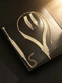 4pcs Gold-Plated Waterfall Tassel Jewelry Set - Multi-Strand Crystal Necklace + Linear Tassel Earrings + Bracelet, Glamorous Evening Accessories For Women, Suitable For Wedding/Gala/Party - Gold - View 3