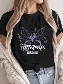 Purple Butterfly With Outstretched Wings Surrounded By Lightning Bolts Symbolizing Strength, Transformation, And Hope. Inspire A Positive Attitude. Women's Casual, Modern, Comfortable, And Creative T-Shirt - 黑色 - 查看 8
