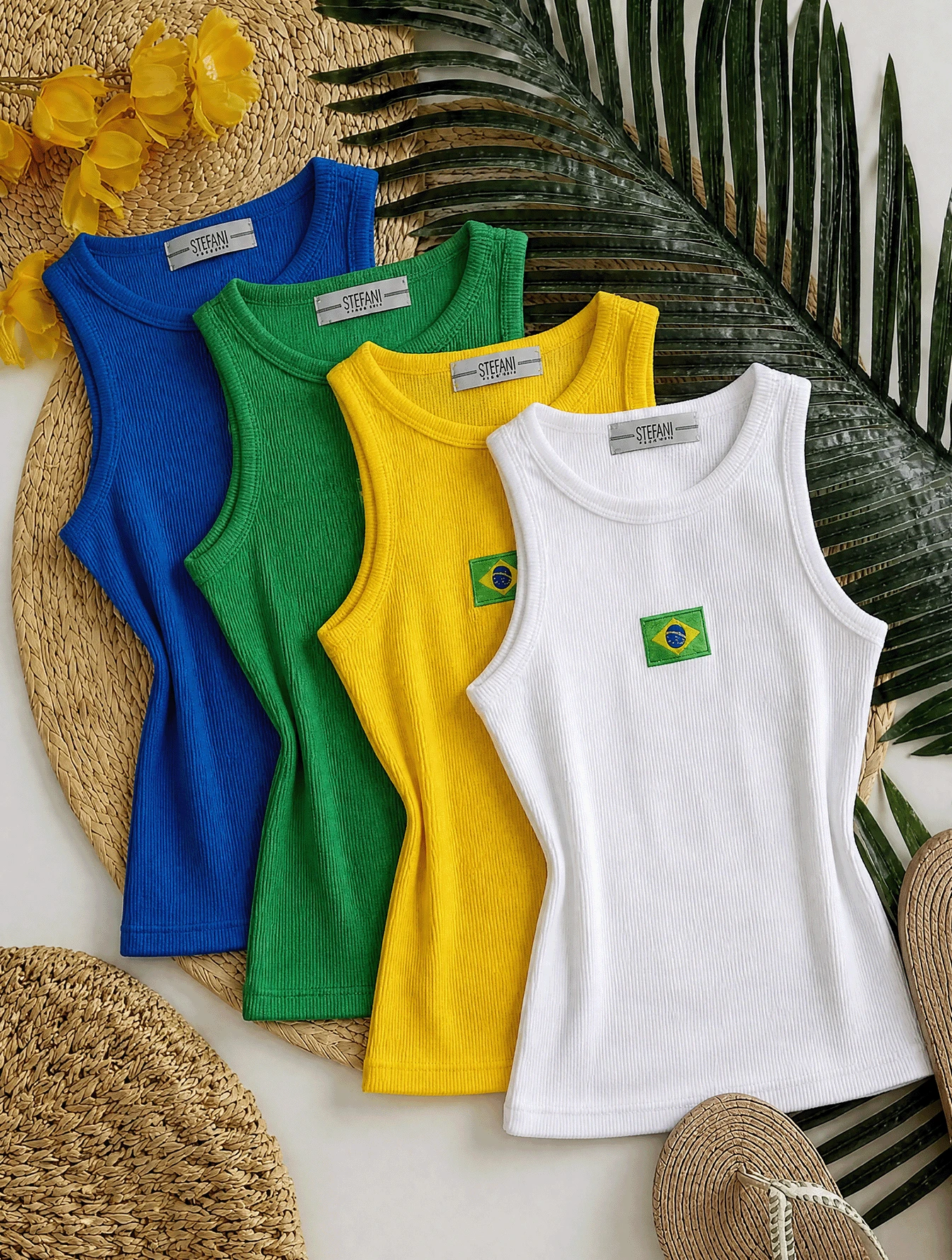 Set Of 4 Tank Tops With Embroidered Brazilian Flag - 白色/黃色/綠色/藍色 - 查看 1