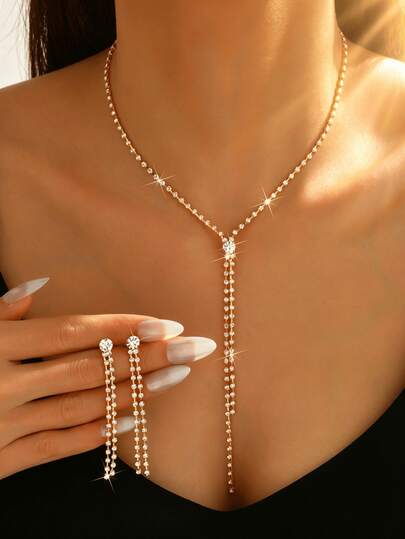 3pcs Women Jewelry Set, Gold-Plated Single Diamond Y-Shape Necklace + Linear Earrings, Suitable For Wedding, Formal Party, Casual Events