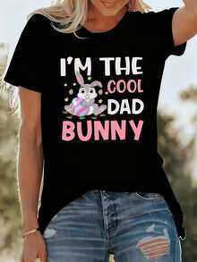 Cheerful Rabbit With Big Ears Holding A Colorful Egg And Surrounded By Stars Symbolizes Fun, Energy, And Family Spirit. Comfortable Casual Women's T-Shirt, Ideal For Happy Days. - 黑色 - 查看 1