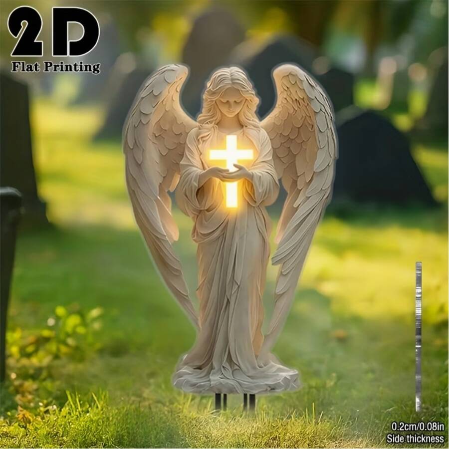 2D Flat, 1pc Angel Holding Cross Garden Stake - Elegant Outdoor Decorative Stake, Weather-Resistant Acrylic Ground Stake Suitable For Cemetery, Lawn, Yard - Funeral Memorial Gift - A - View 1