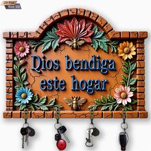 2D Flat 1 Piece Wooden Key Holder Rack With Floral Family Blessing Hooks For Wall Porch Room Villa Decoration Seasonal Home Decor Entryway Organizer Display Stand - Multicolor - View 1