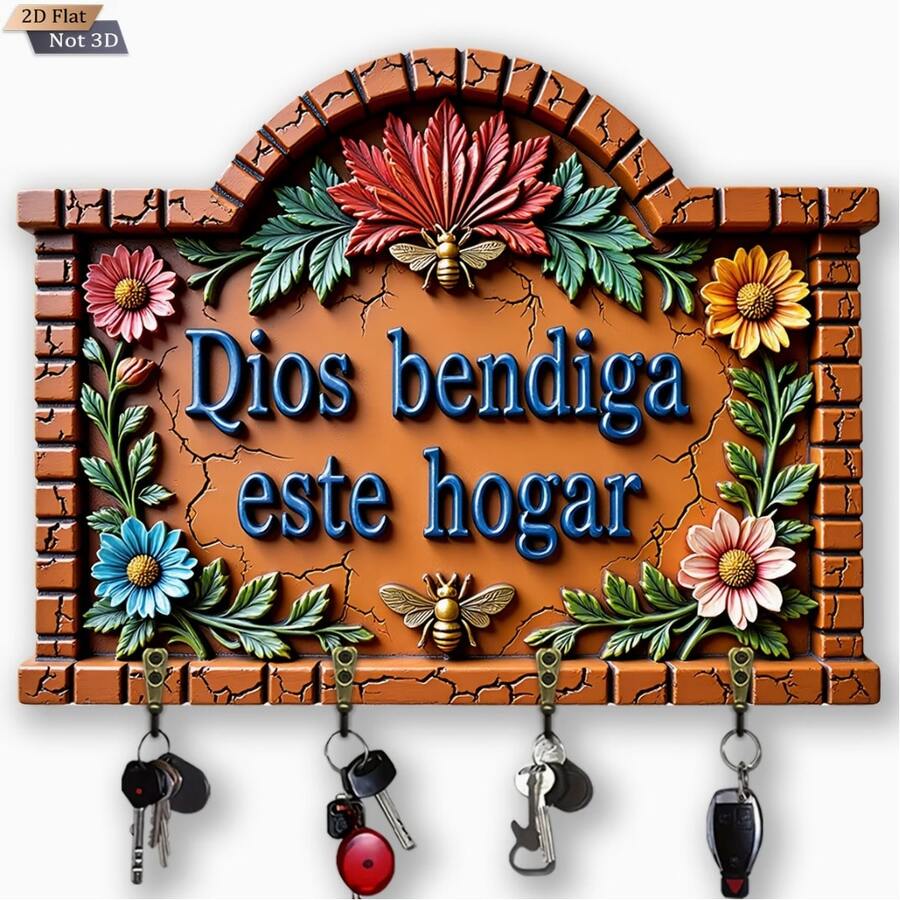 2D Flat 1 Piece Wooden Key Holder Rack With Floral Family Blessing Hooks For Wall Porch Room Villa Decoration Seasonal Home Decor Entryway Organizer Display Stand - Multicolor - View 1