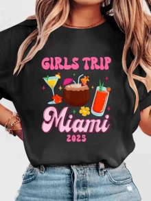 Cocteles tropicales con frutas brillantes y flores coloridas que evocan la energía alegre de unas vacaciones femeninas en Miami 2025 camiseta de mujer casual moderna para verano - Negro - Ver 8