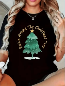 A Green Tree Decorated With A Golden Star And Snowflakes Conveys A Festive Atmosphere Full Of Christmas Joy, Ideal For Celebrating In Style And A Cheerful Spirit. A Comfortable And Modern Casual Women's T-Shirt. - 黑色 - 查看 8