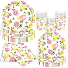 10 Stücke/20 Stücke/50 Stücke/80 Stücke Rosa Zitronen Partyzubehör, Papier Geschirr Set - Zitronen und rosa Grapefruit 7/9 Zoll Papierteller, Pappbecher, 6,5 Zoll Servietten, geeignet zum Bewirten von Gästen, Sommer Zitronen Thema Geschirr, anwendbar für Geburtstag, Brautparty, Junggesellinnenabschied, Babyparty, Themenparty, Feiertag, Veranstaltung - Verschiedenfarbig - Übersicht 3