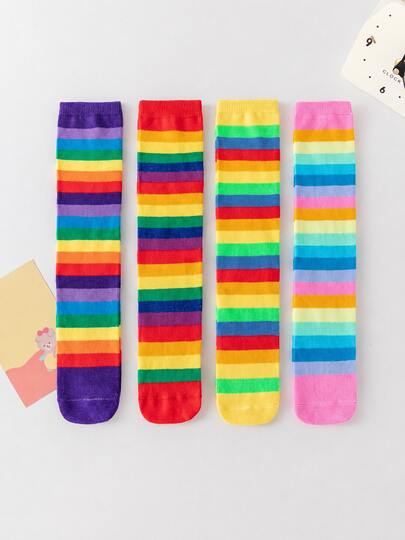 4 Pairs Toddler Girls Rainbow Striped Knee High Socks, Colorful Bright Soft Breathable Long Socks For Kids Girls, Casual Daily Wear Socks