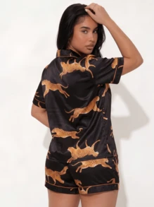 [Dreamery]Leopard Print Women Poplin Short Sleeve Shorts Pajama Set - Black - View 7