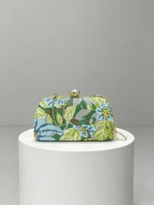 1pc Vintage Blue-Green Floral Beaded Evening Clutch Bag, Gold Frame Hard Case Chain Wallet (Random Cut) - Mint Green - View 5
