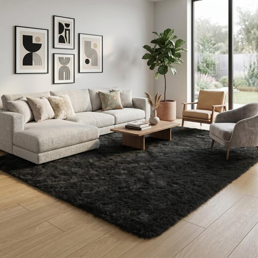 Large Soft Shaggy Rug 2.00x2.50m, Non-Slip, For Living Room And Bedroom, Various Colors - Black - View 1