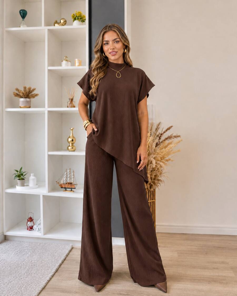 Elegant Women's Set: Asymmetrical Blouse And Comfortable Pants In Anarruga Fabric - 鏽棕色 - 查看 1