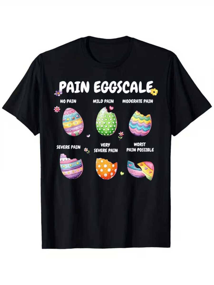 Huevos coloridos simbolizando diferentes niveles de dolor desde la tranquilidad hasta la intensidad extrema con figuras alegres y tonos pastel camiseta de mujer casual divertida para uso diario - Negro - Ver 1
