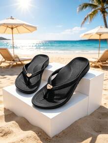 Unisex Flip Flops With Arch Support, Solid Color Beach/Home Slippers, Suitable For Spring, Summer, Autumn - Black - Heart-shaped Shoe Flowers - View 6
