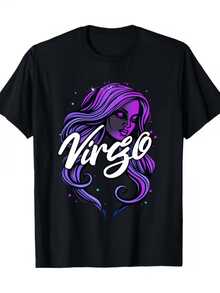A Figure With Bright Purple Hair Symbolizes The Mystical Energy And Elegance Of Virgo, Adorned With Shimmering Star Details. This Modern And Comfortable Casual Women's T-Shirt Is Perfect For Women. - 黑色 - 查看 8